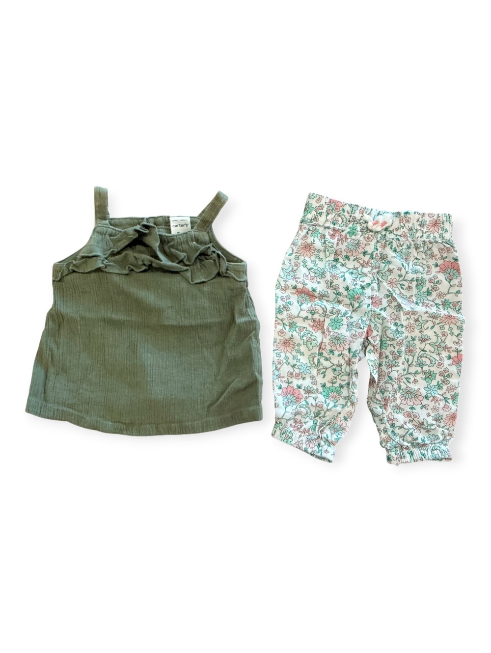 Carter's Baby Girl 2-Piece Set, 3 Months Olive Green Tank Top & Floral Pants